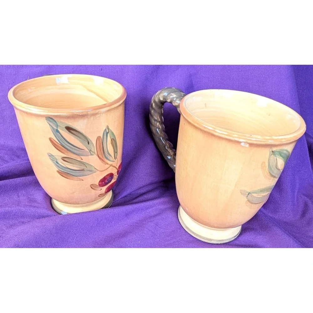 Gibson BISTRO ITALIA 2 Mugs Olive Branch Rope Handles Hand Painted 16oz
